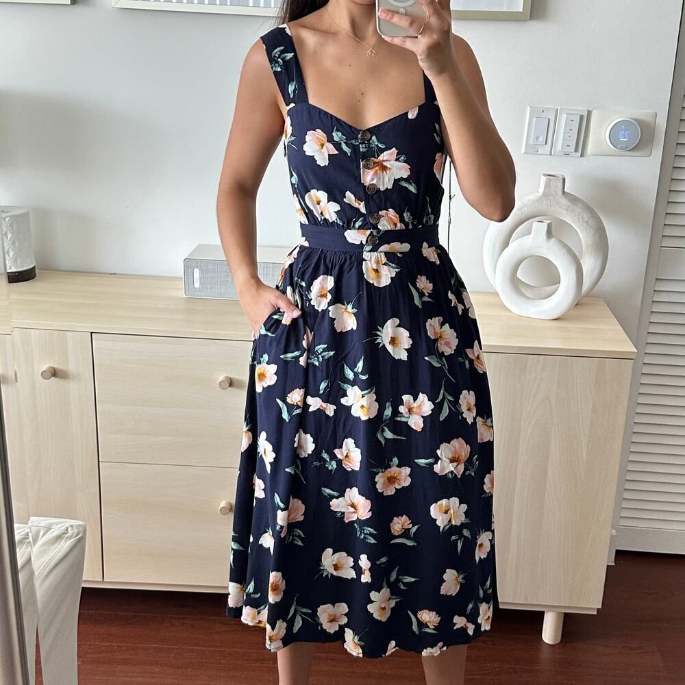 NEW Reformation Dress Floral Lanai Navy Blue Floral Cutout Back Midi Dress XS - Picture 5 of 13